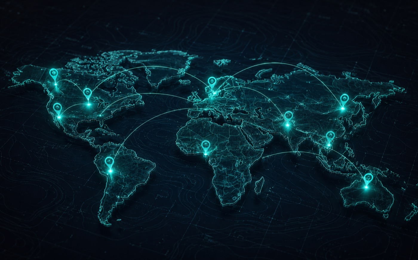 Cartographia — glowing wireframe world map with connected location pins