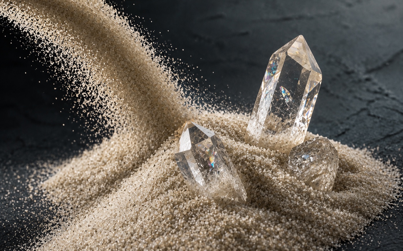 Silica sand pouring past raw quartz crystals